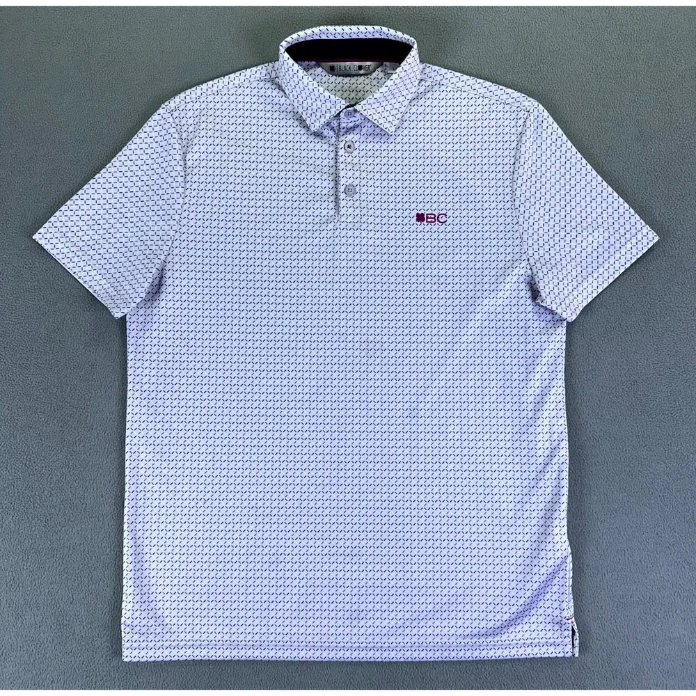 Black Clover Polo Shirt Mens Small Grey Geometric Live Lucky Performance Golf - Picture 2 of 6